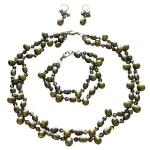 925 Sterling Green Baroque Pearl Faceted Crystal Set Necklace Bracelet Earrings